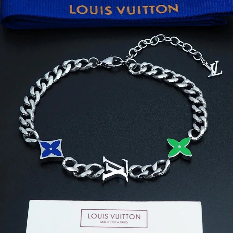 Louis Vuitton LV metal chain blue-green enamel bracelet