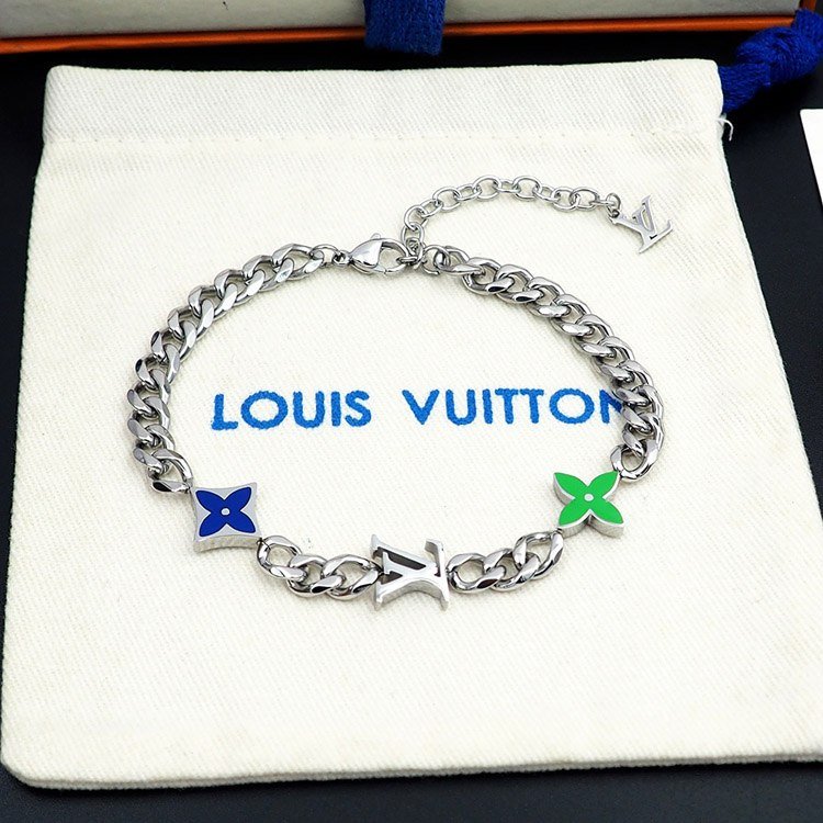 Louis Vuitton LV metal chain blue-green enamel bracelet